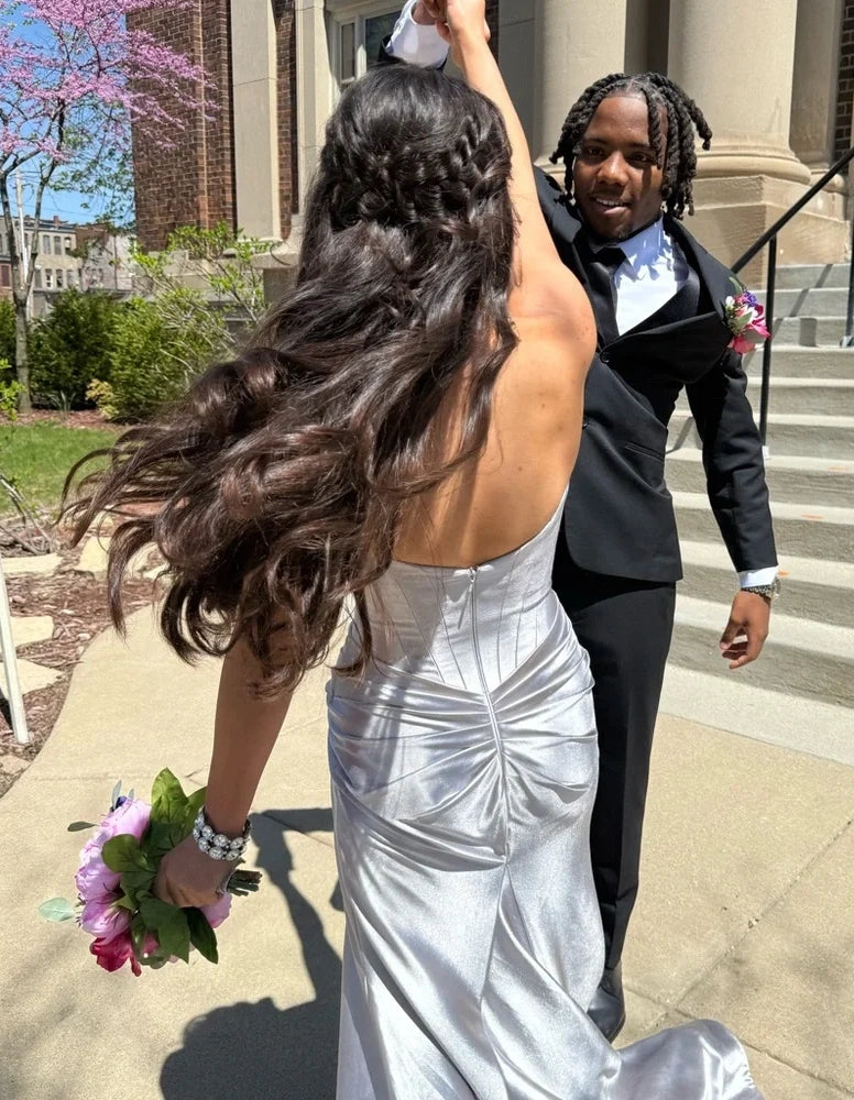Elegant Silver Strapless Sweetheart Satin Mermaid Ruched High Slit Prom Dress DP8643