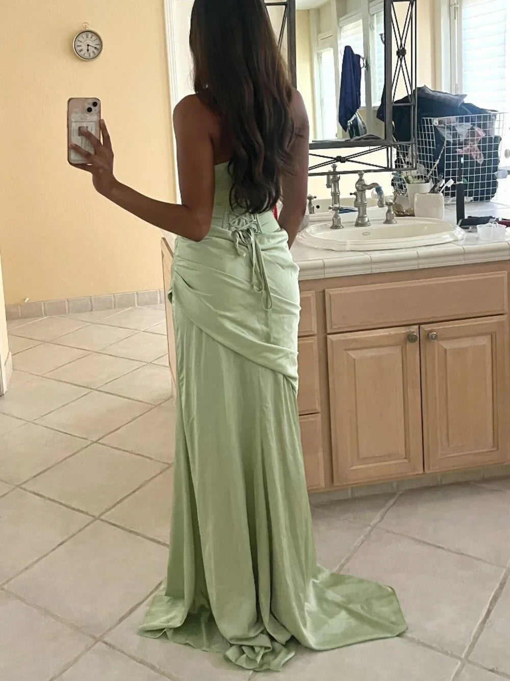 Elegant Sage Green Satin Strapless Corset Ruched Sheath Evening Gown DP8639