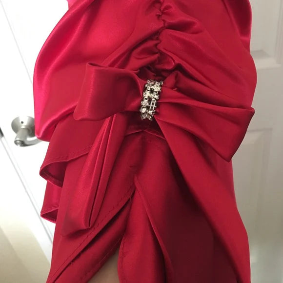 Vintage Hot Red Satin Prom Dress V-neck Ruffles Halter Dress Evening Dress A-Line Formal Dress, DP6567