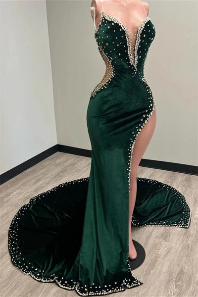 Chic Dark Green Sheath Beaded Prom Dress Evening Gown Velvet Strapless High Slit Party Dress Long Formal Dress DP6940