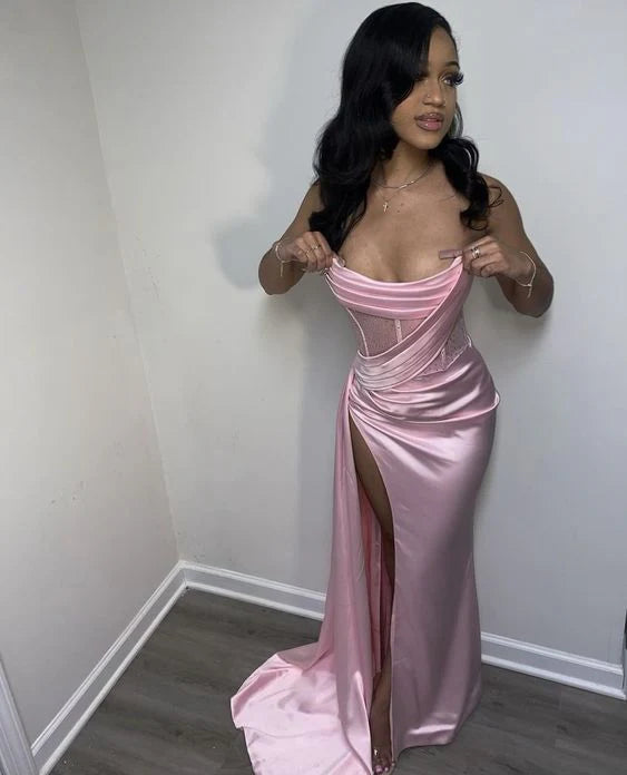 Elegantes Satin-trägerloses, hochgeschlitztes Meerjungfrau-Kleid, langes Ballkleid, Partykleid, Abendkleid DP6490