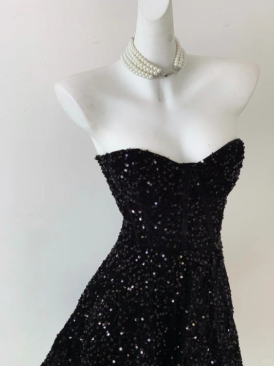 Vintage Black Strapless Sequin A-line Sweetheart Party Dresses Homecoming Dresses, DP5796