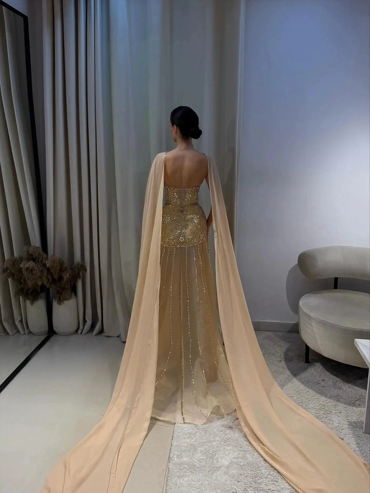 Glamorous Gold Sequin Evening Dress with Sheer Cape Overlay DP8006