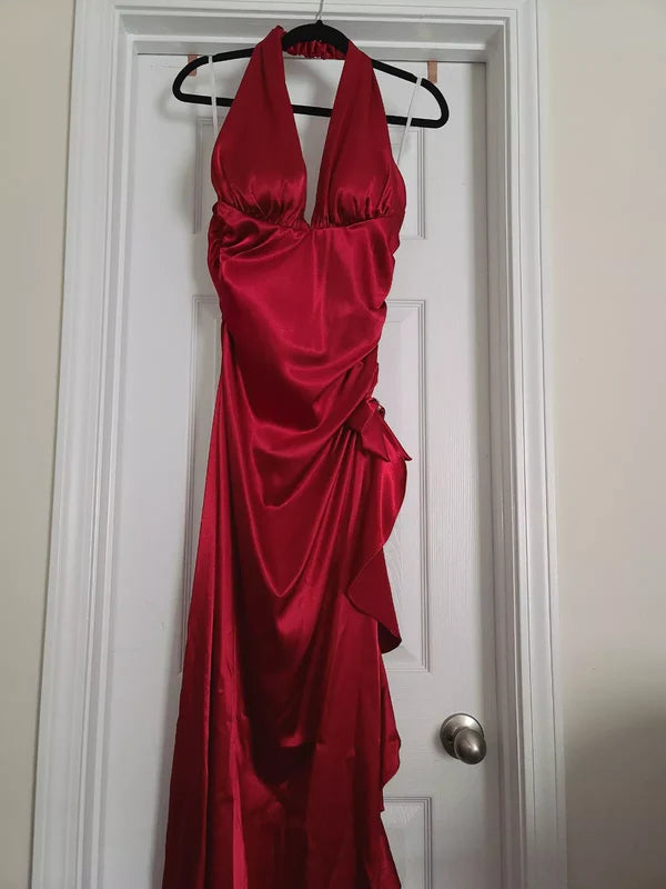 Vintage Hot Red Satin Prom Dress V-neck Ruffles Halter Dress Evening Dress A-Line Formal Dress, DP6567