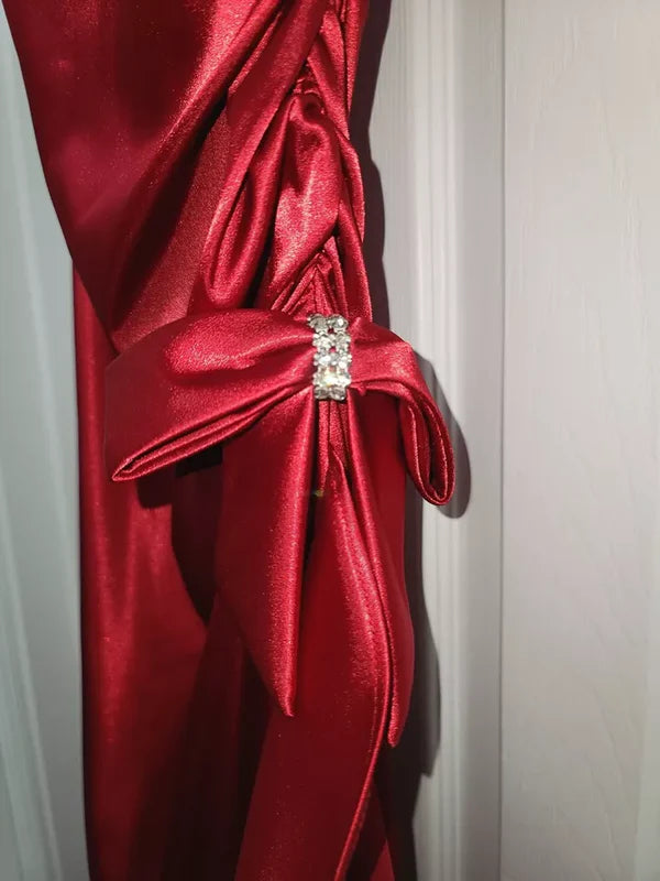 Vintage Hot Red Satin Prom Dress V-neck Ruffles Halter Dress Evening Dress A-Line Formal Dress, DP6567