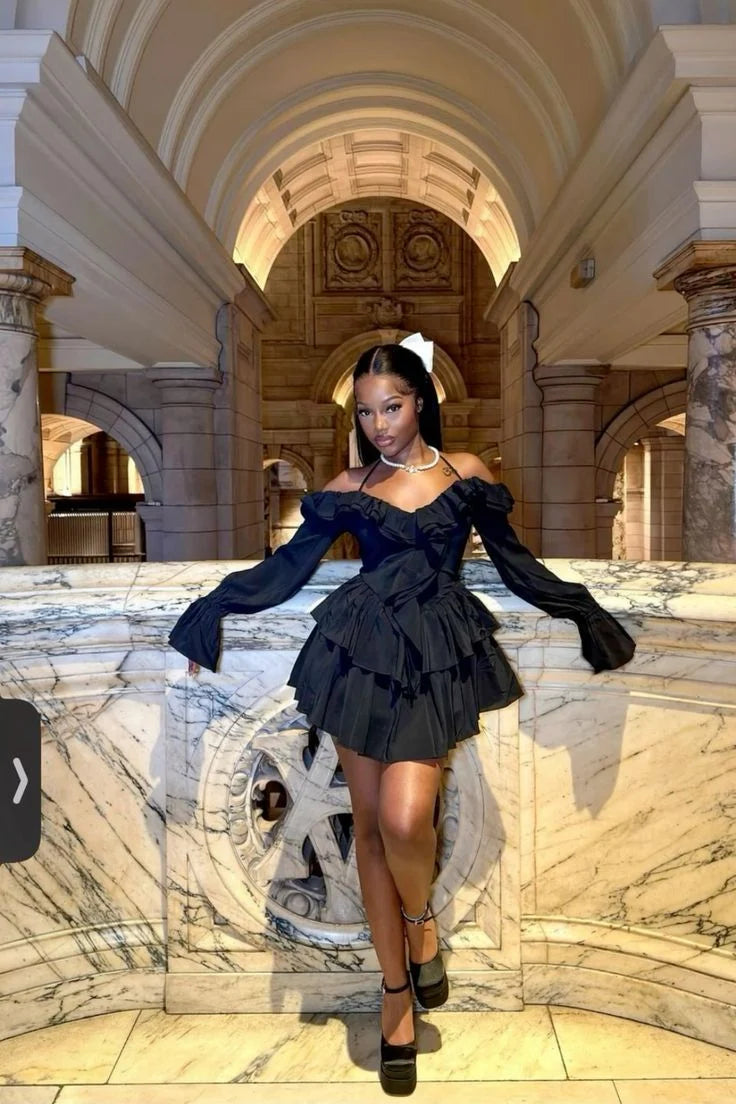 black long sleeve homecoming dresses Elegant Off-the-Shoulder Ruffled Tiered Mini Flare A – DSProm Bella Hadid Sexy High SN:DI11361AV Size:14.5  32 Back Details