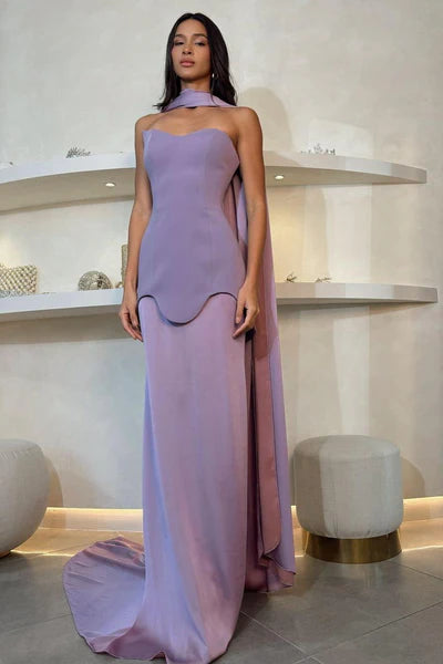 Chic Lilac Sheath Prom Dress Evening Gown Strapless Party Dress Long Formal Dress DP6939