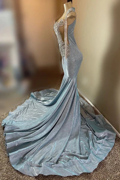 Vintage Sky Blue Mermaid Prom Dress Sparkling Beaded Evening Gown Backless Party Dress Long Formal Dress DP6832