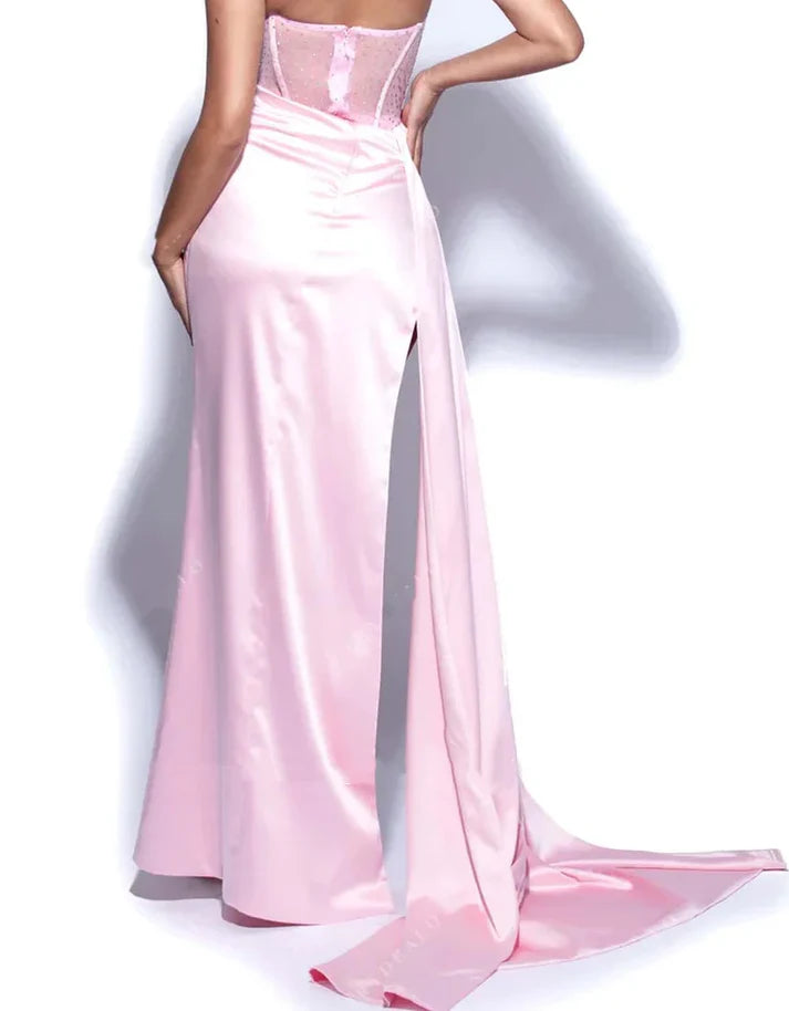 Elegantes Satin-trägerloses, hochgeschlitztes Meerjungfrau-Kleid, langes Ballkleid, Partykleid, Abendkleid DP6490