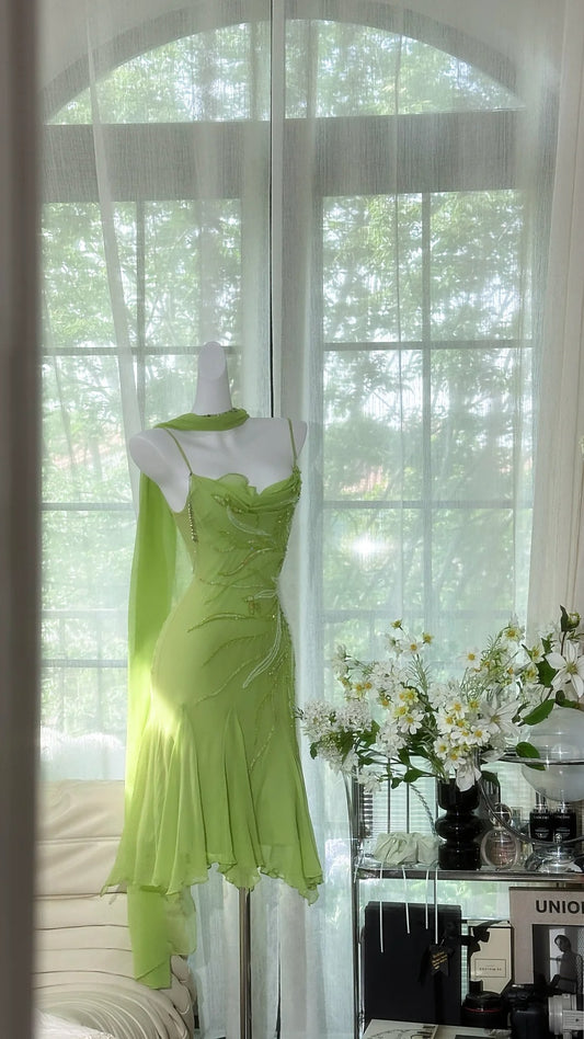 Chic Green Sequin Spaghetti Strap A-line Chiffon Party Dresses Homecoming Dresses, DP5789