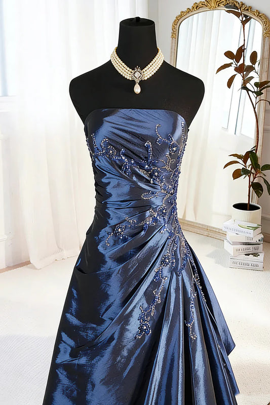 Vintage Royal Blue Satin Strapless Evening Gown with Beaded Embroidery & Draped Ruffles DP4287