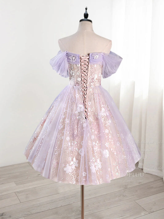 Robe de soirée trapèze en tulle violet clair, vintage, avec appliques florales et perles, épaules dénudées, DP6076