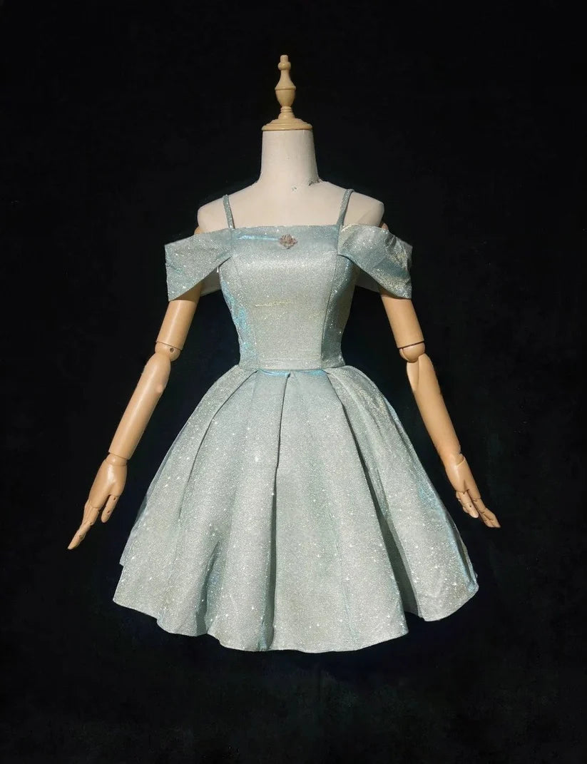 Robe de soirée trapèze en satin bleu clair à sequins scintillants et bretelles spaghetti DP6088