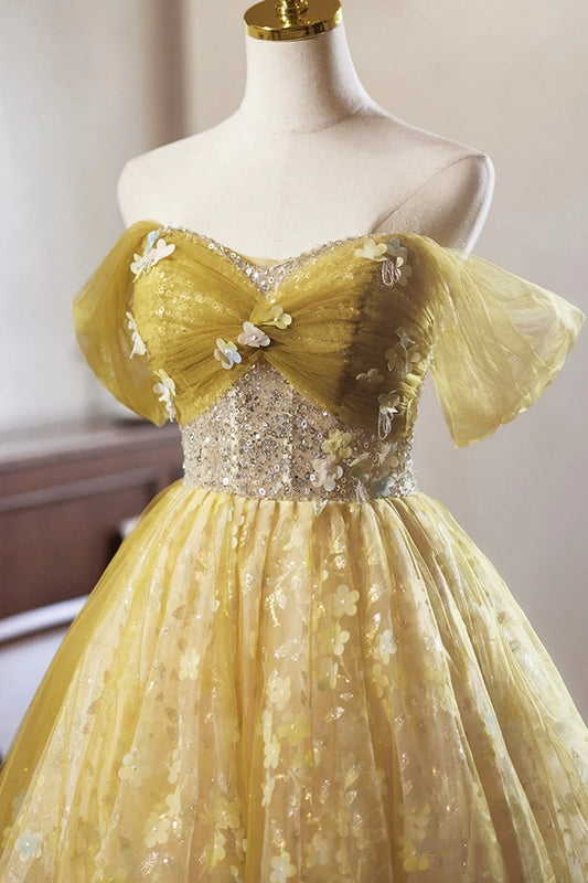 Robe de bal vintage jaune à fleurs en tulle, longueur genou, jolie robe trapèze, DP5821