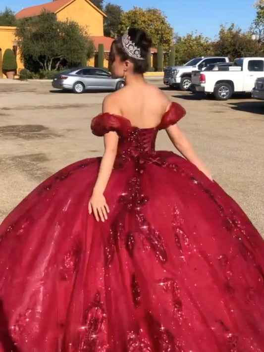 Burgundy off shoulder tulle lace long prom dress sweet 16 dress,DS4603