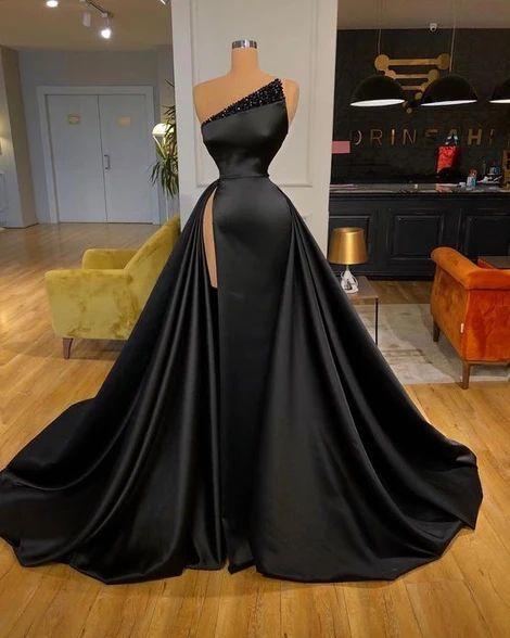 Schwarzes Satin langes Ballkleid mit einer Schulter, DS4587