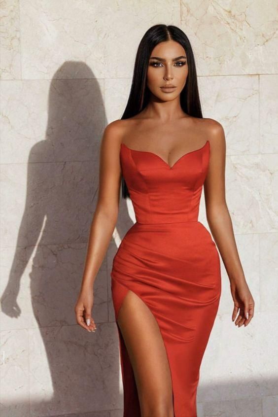 Red Mermaid Bridesmaid Dresses Satin Strapless Leg Split Evening Gowns Prom Dresses,DS3972