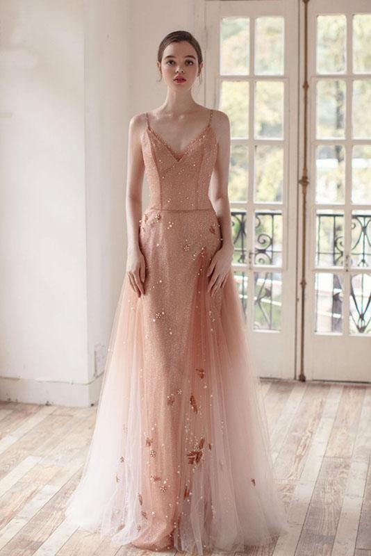 Pink tulle sequin beads long prom dress pink tulle formal dress,DS2261