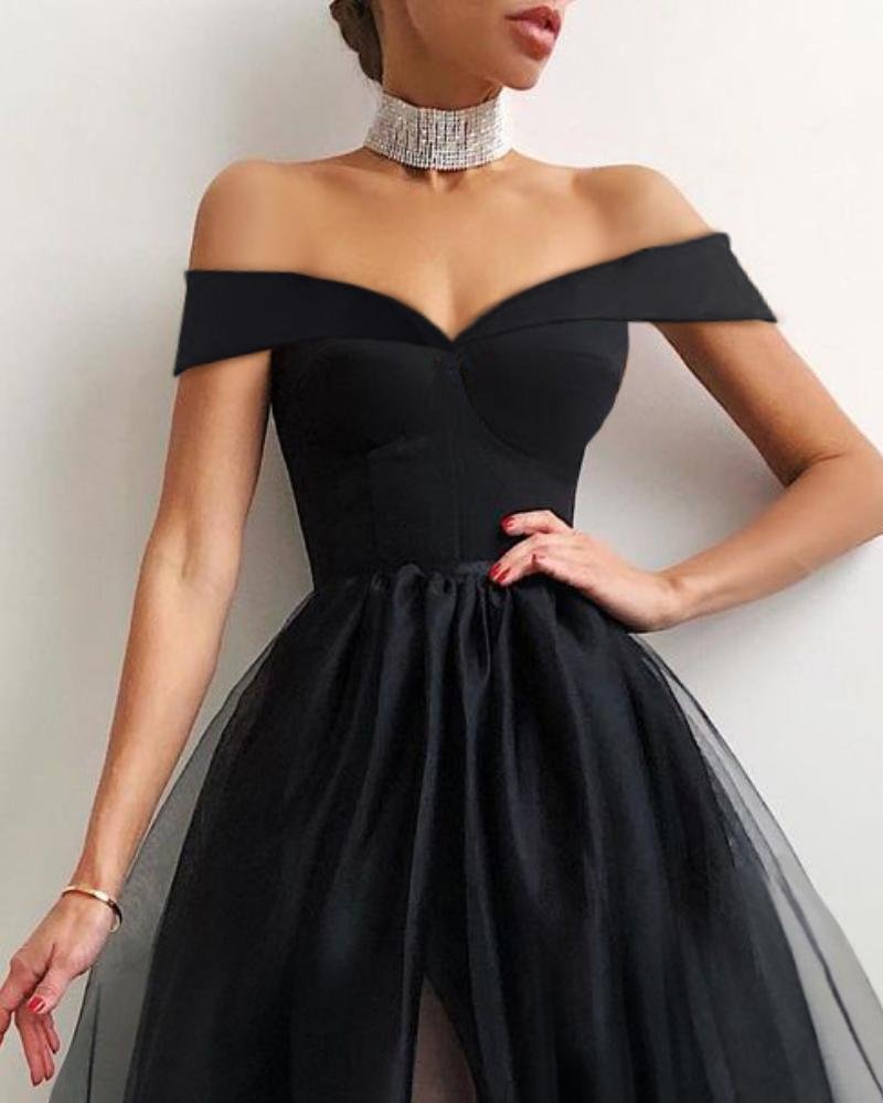 Robe de cocktail élégante en maille superposée à épaules dénudées, DS3980