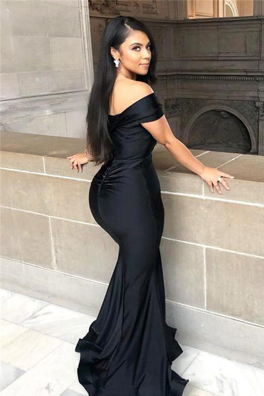 Black Off-the-shoulder Floor-length Backless Mermaid Prom Dress,F04794