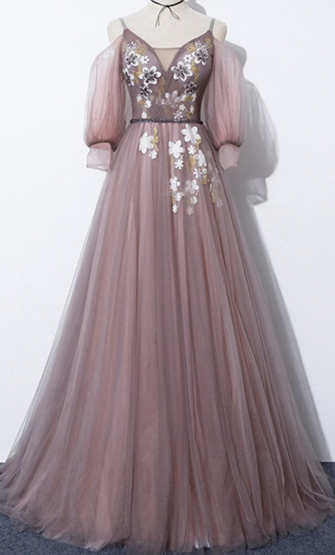 Robe de bal en tulle à épaules dénudées, col en V, manches longues et appliqués, DS3018
