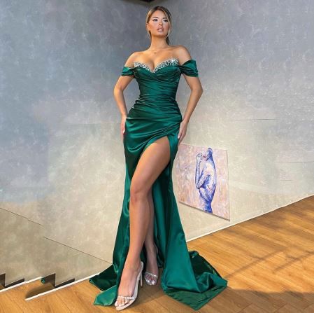 Robe de soirée vert émeraude, épaules dénudées, en satin, fendue sur le côté, style sirène, longue, perlée, robe de bal, DS4029