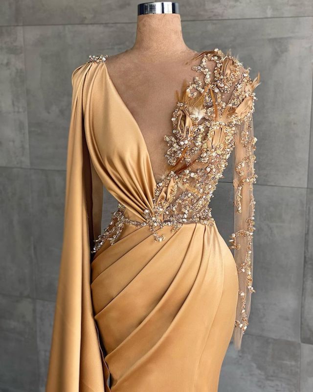 Robe de soirée sirène luxueuse à manches longues et volants, or rose, avec appliques, DS2773
