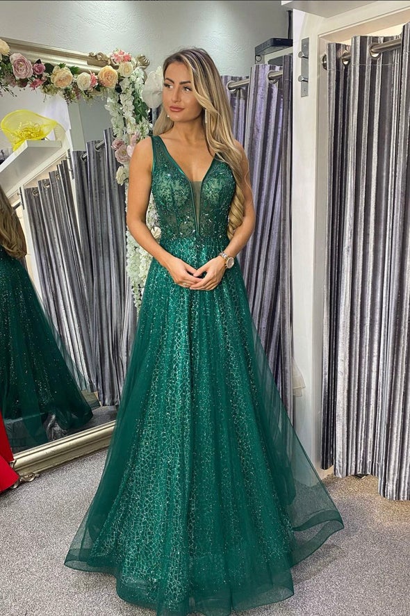 Robe de bal longue en tulle vert à paillettes, robe de soirée verte, DS3851