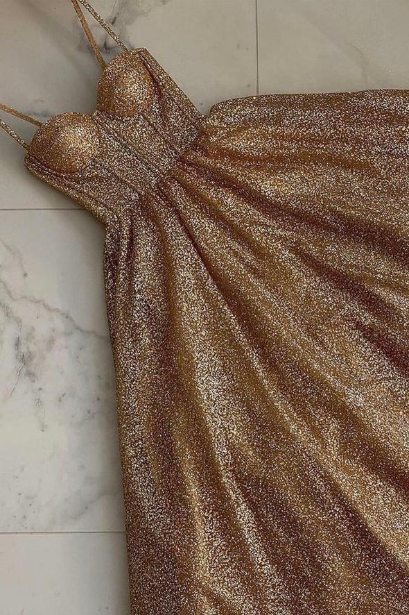 Robe de soirée longue à paillettes dorées, coupe trapèze, DS3850