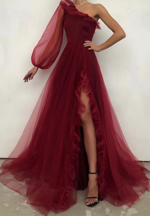Burgunder Tüll Ballkleid One-Shoulder Abendkleid, DS4408
