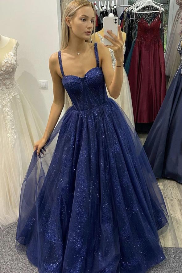 Robe de soirée longue en tulle bleu à paillettes, coupe trapèze, DS3179
