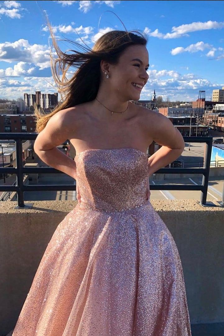 Robe de soirée longue en tulle rose à paillettes, DS3857