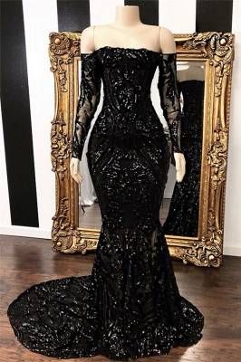 Schulterfreies Ballkleid mit langen Ärmeln und Meerjungfrau-Schleppe, DS14008