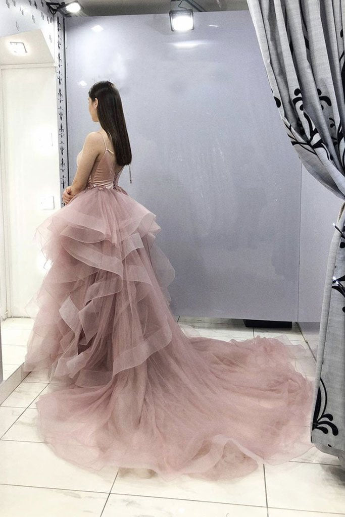 Robe de bal longue en tulle rose à col en V, robe rose Sweet 16, DS2231