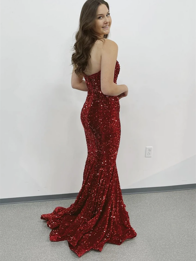 Robe de bal longue bordeaux à paillettes style sirène, robe de soirée longue bordeaux à paillettes style sirène, DS3799