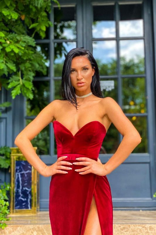 Robe de bal longue en velours rouge bordeaux, fendue et sexy, sans bretelles, DS2806