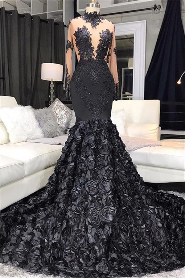 Modern Long Sleeves Black Mermaid Appliques Prom Dress With Flowers Bo DSProm Modern Long Sleeves Black Mermaid Appliques Prom Dress With Flowers Bo DSProm