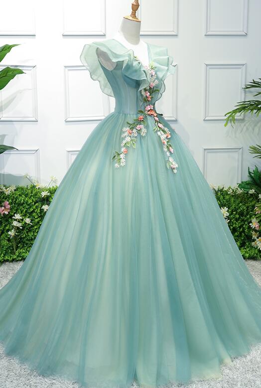 Gorgeous Green Long Tulle with Lace Applique Sweet 16 Dress, Green Formal Gown,DS4472