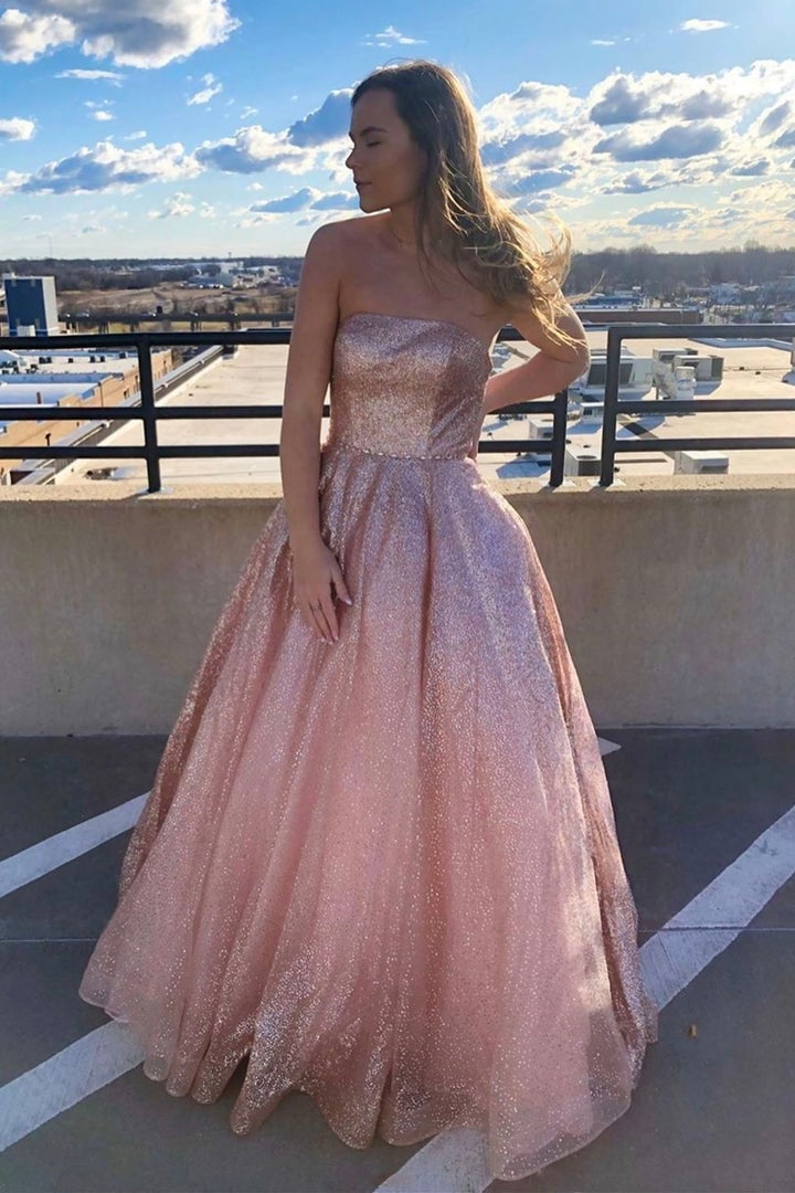 Robe de soirée longue en tulle rose à paillettes, DS3857