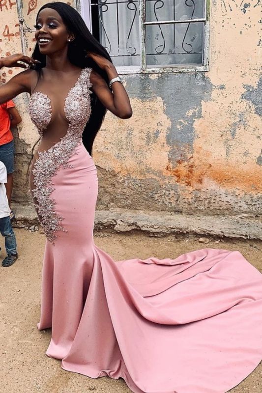 See Through Tulle Sexy Pink Prom Dresses Cheap | Beads Appliques Merma DSProm See Through Tulle Sexy Pink Prom Dresses Cheap | Beads Appliques Merma DSProm