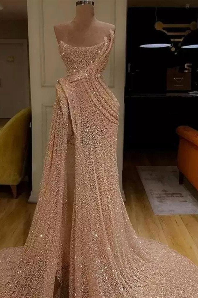 Wunderschönes trägerloses Pailletten-Ballkleid, langes Abendkleid mit Schlitz, F04847