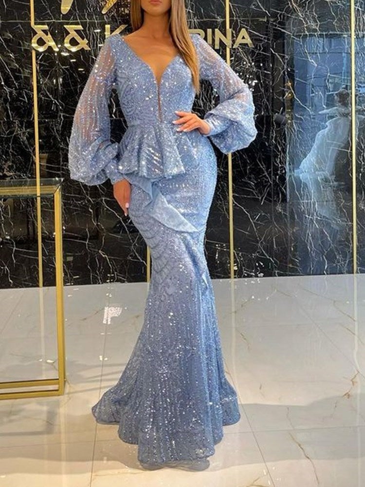 Robe de soirée sirène/trompette à sequins et col en V, longueur au sol, DS3794