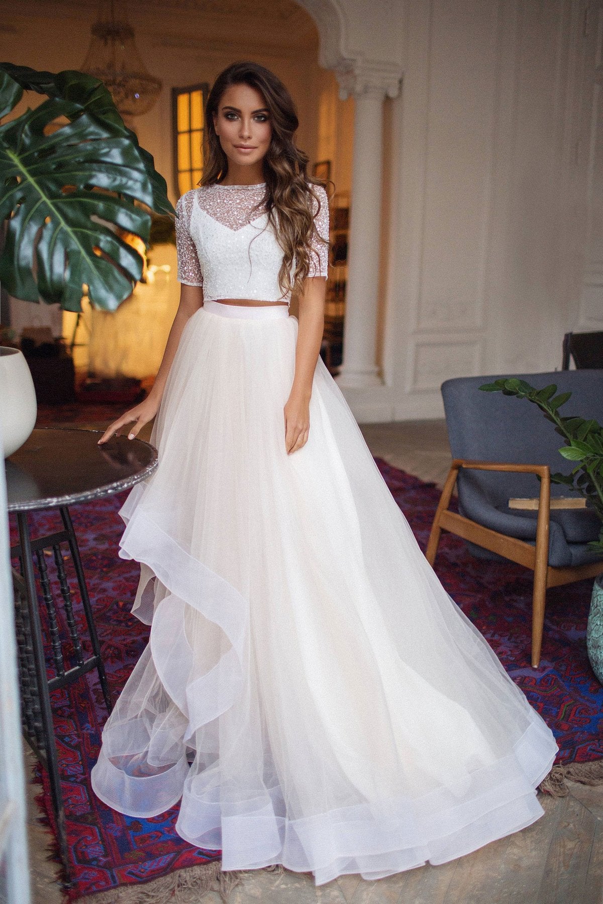 Robe de bal longue en tulle beige deux pièces, robe de soirée beige, DS2132