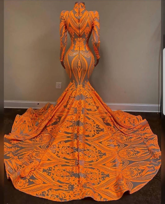 Fabulous Orange Halter Appliques Lace Long Sleeve Mermaid Prom Dresses,F04787