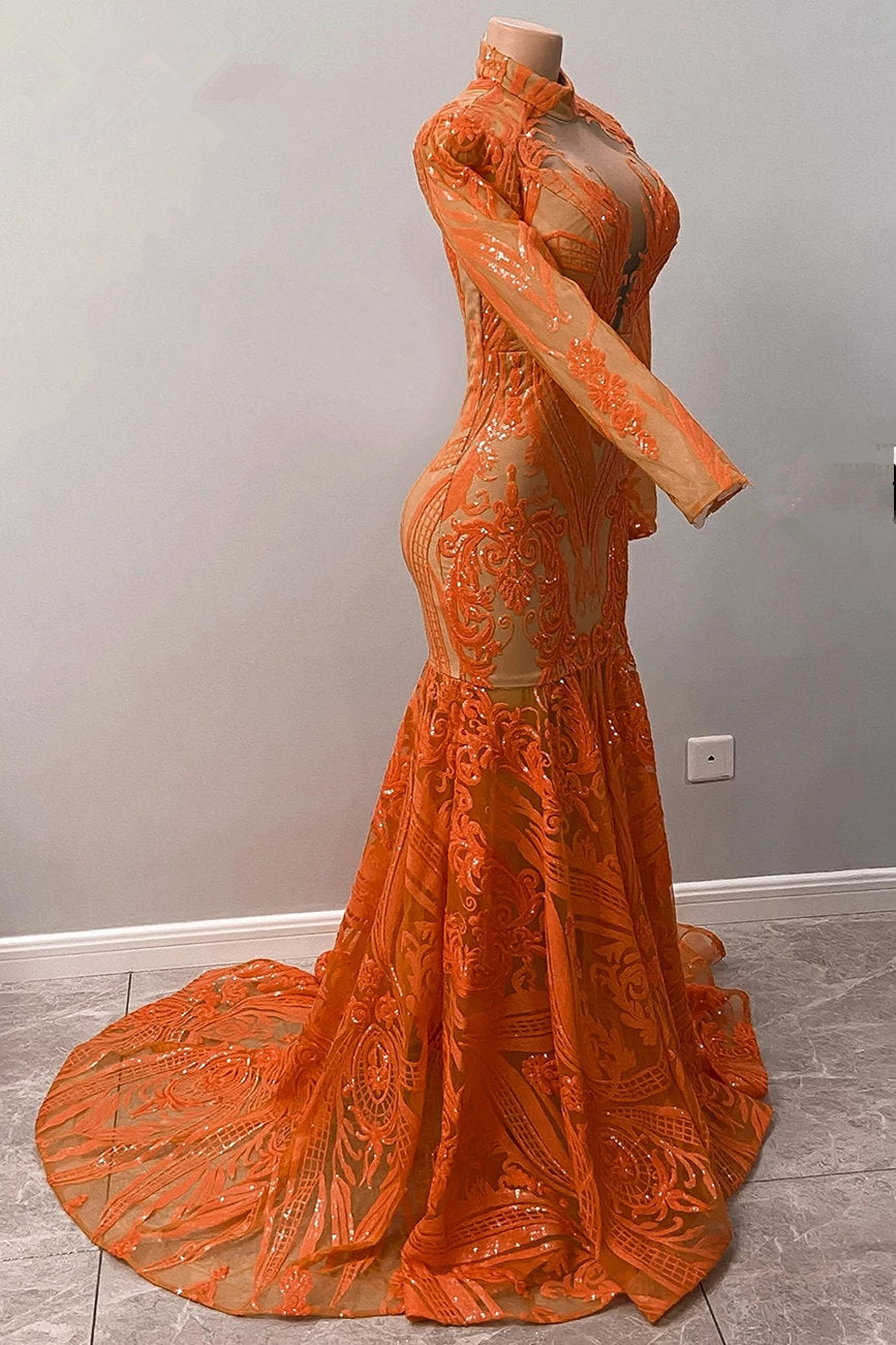 Fabulous Orange Halter Appliques Lace Long Sleeve Mermaid Prom Dresses,F04787