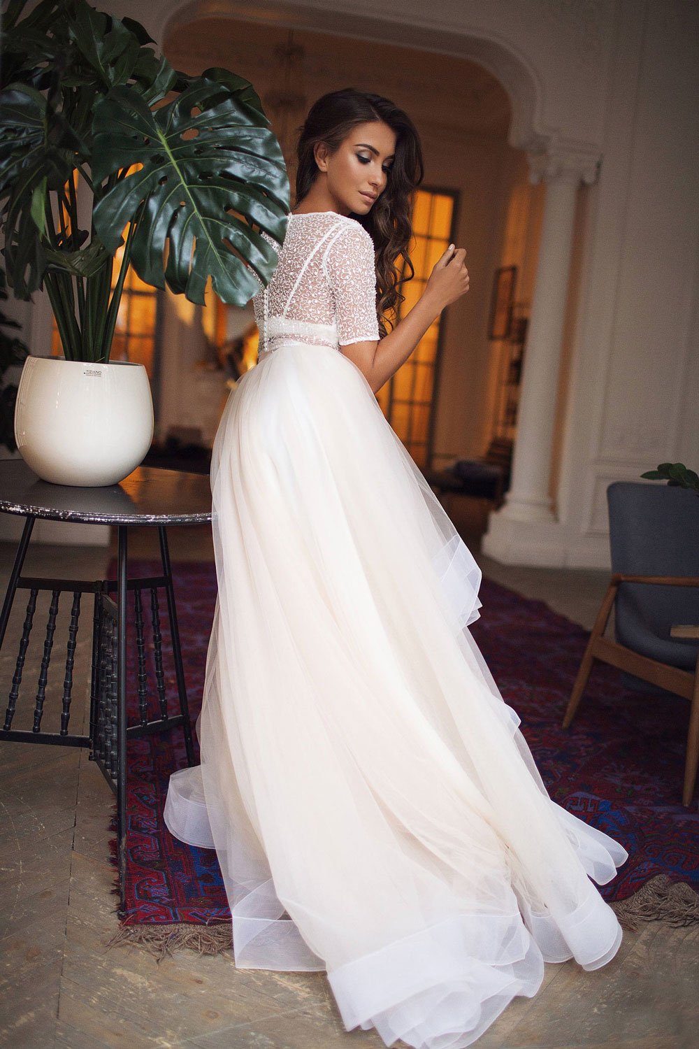 Robe de bal longue en tulle beige deux pièces, robe de soirée beige, DS2132