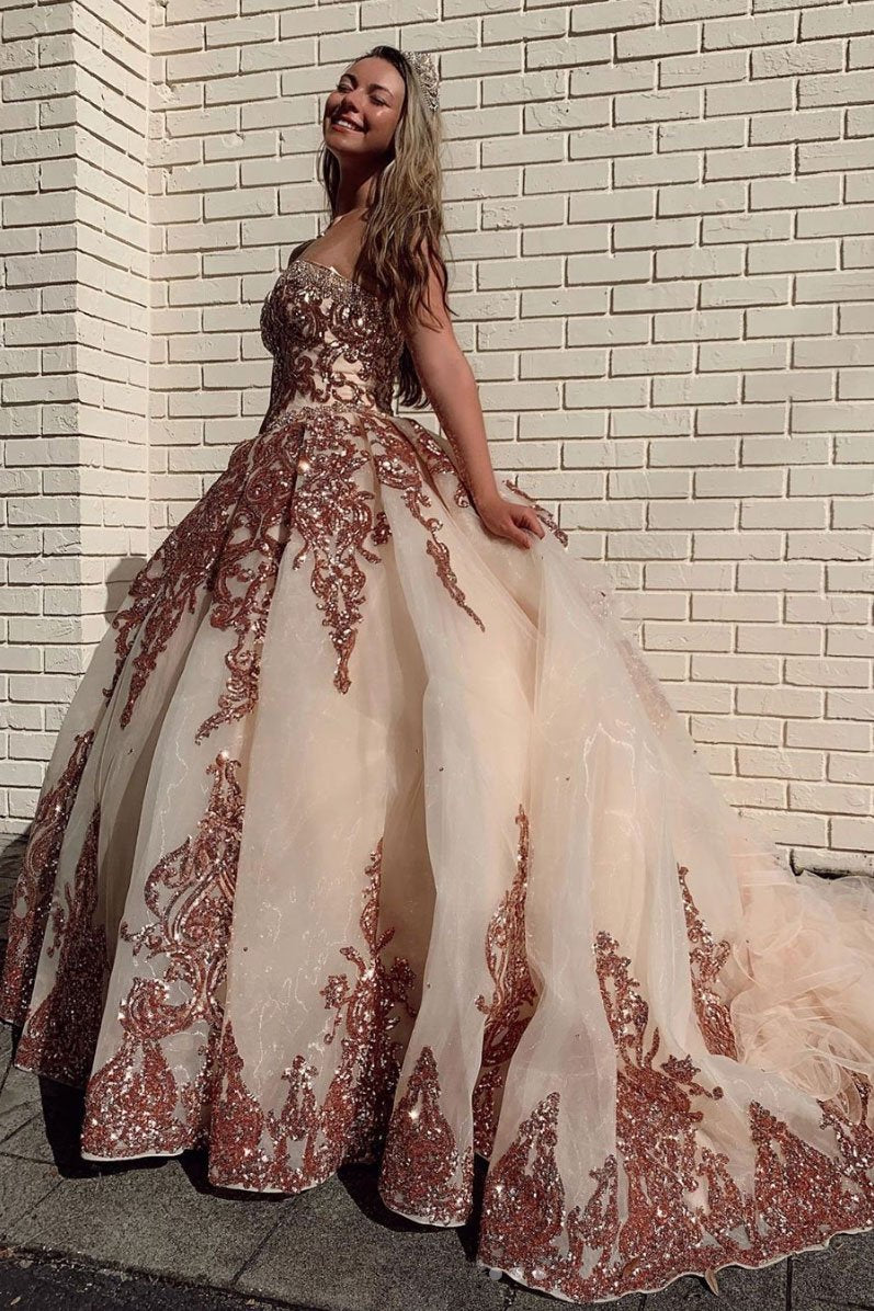 Champagne sweetheart tulle sequin long prom gown evening dress,DS2379