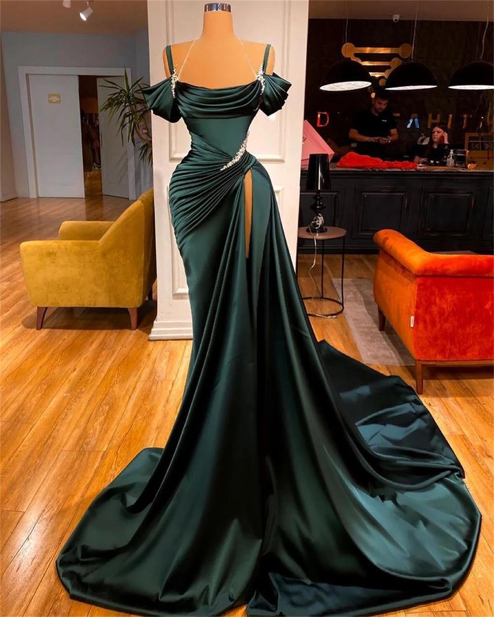 Robe de bal sirène sexy en satin vert foncé, bretelles spaghetti, plissée, traîne, robe de soirée formelle, DS4568, 2022