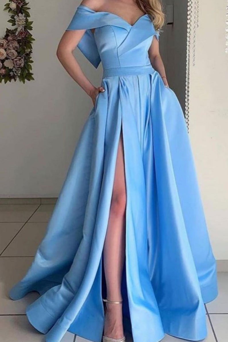 Robe de bal longue en satin bleu simple à épaules dénudées, robe de soirée bleue, DS2103