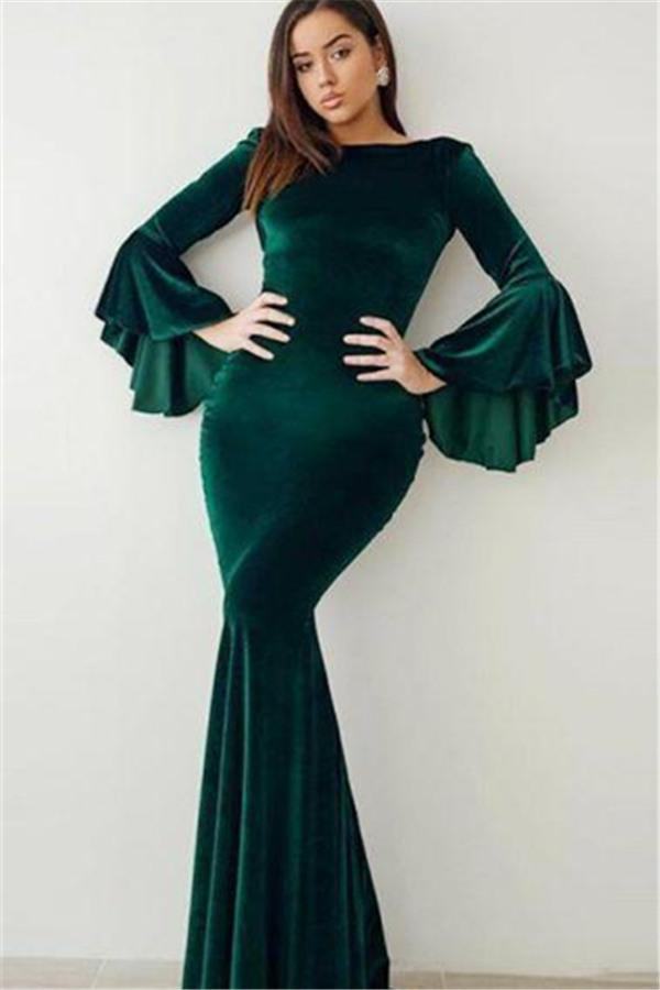 GORGEOUS EMERALD GREEN MERMAID VELVET PROM DRESSES ON SALE FLARE SLEEV DSProm GORGEOUS EMERALD GREEN MERMAID VELVET PROM DRESSES ON SALE FLARE SLEEV DSProm